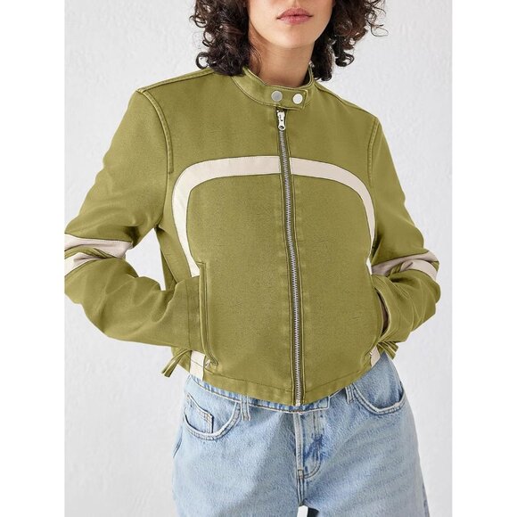 Women Green Faux Leather Zip Up Cropped Jacket Stand Collar Moto Coat - Picture 3 of 5